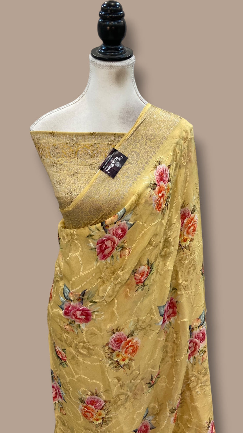 Pure Georgette Handloom Banarasi Saree - Chikankari With Digital Print
