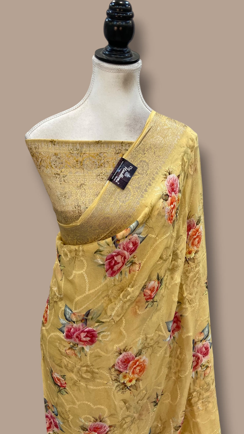 Pure Georgette Handloom Banarasi Saree - Chikankari With Digital Print
