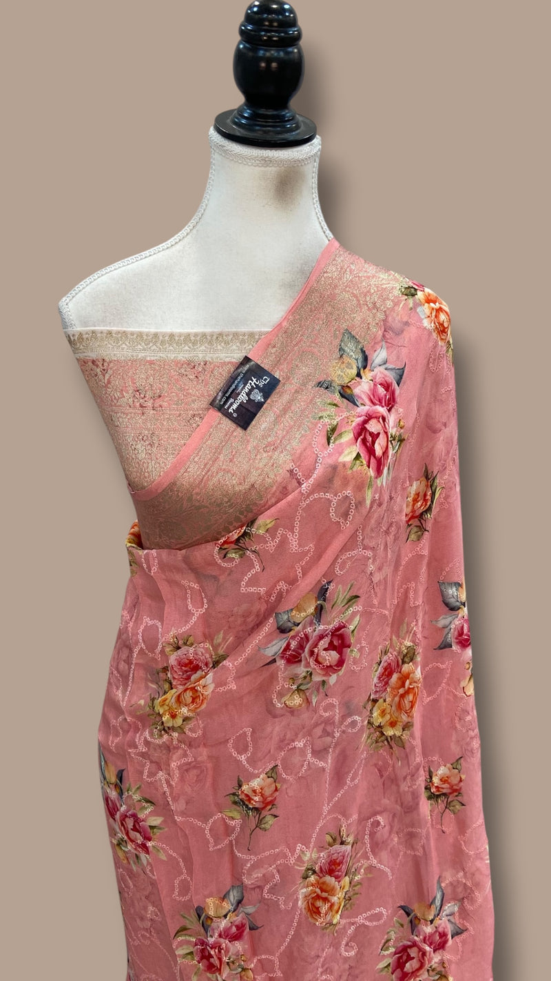 Pure Georgette Handloom Banarasi Saree - Chikankari With Digital Print