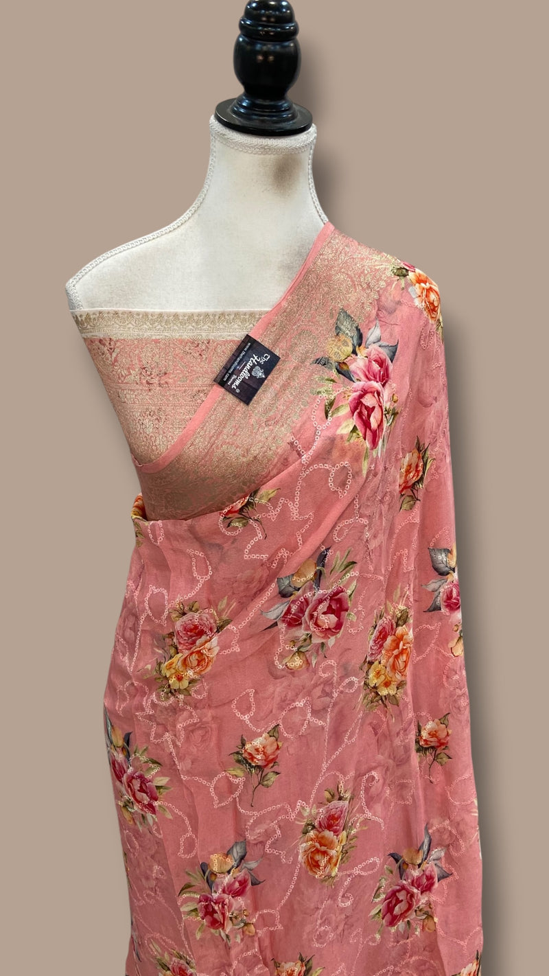 Pure Georgette Handloom Banarasi Saree - Chikankari With Digital Print