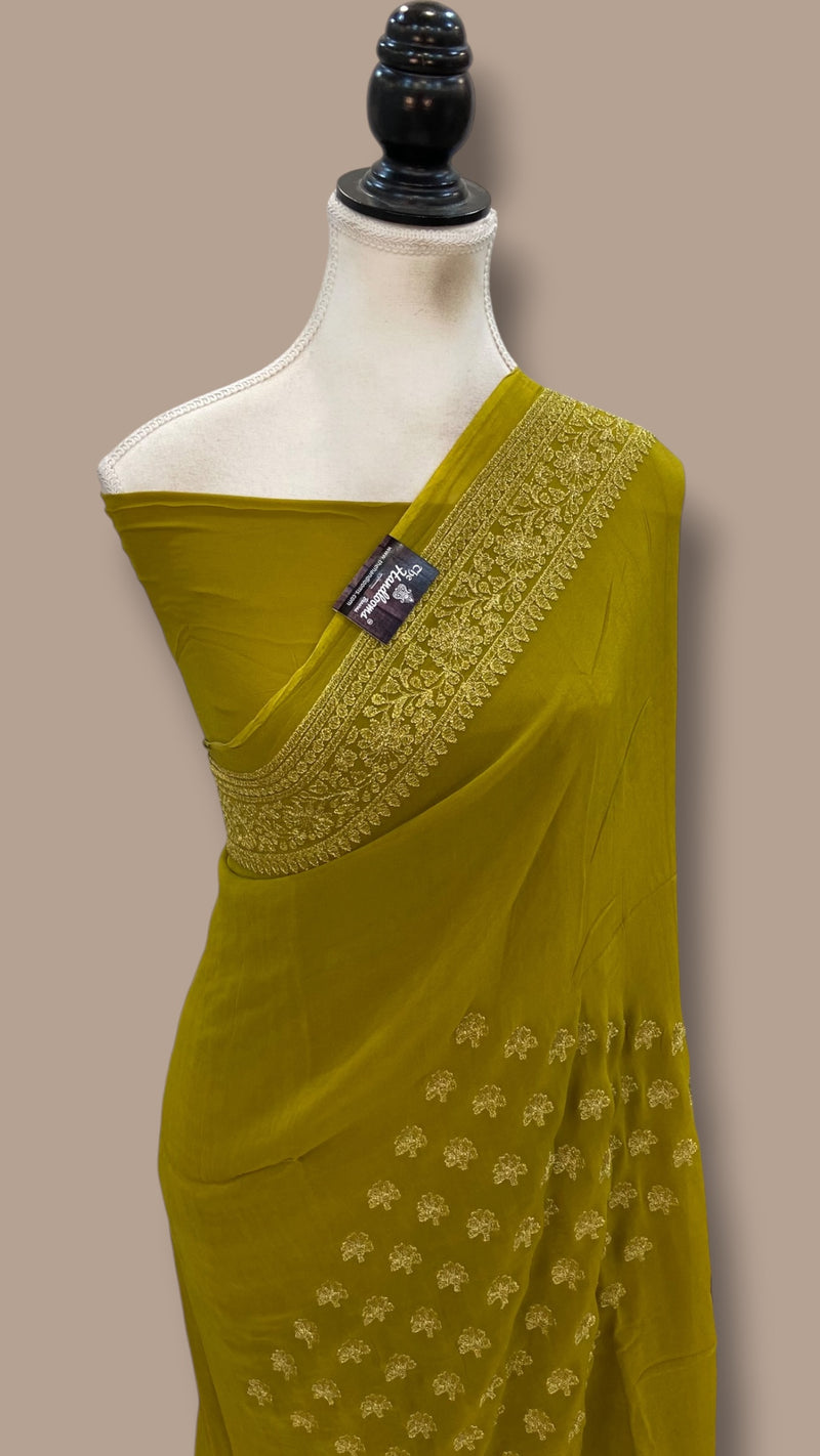 Pure Georgette Chikankari Handloom Banarasi Saree
