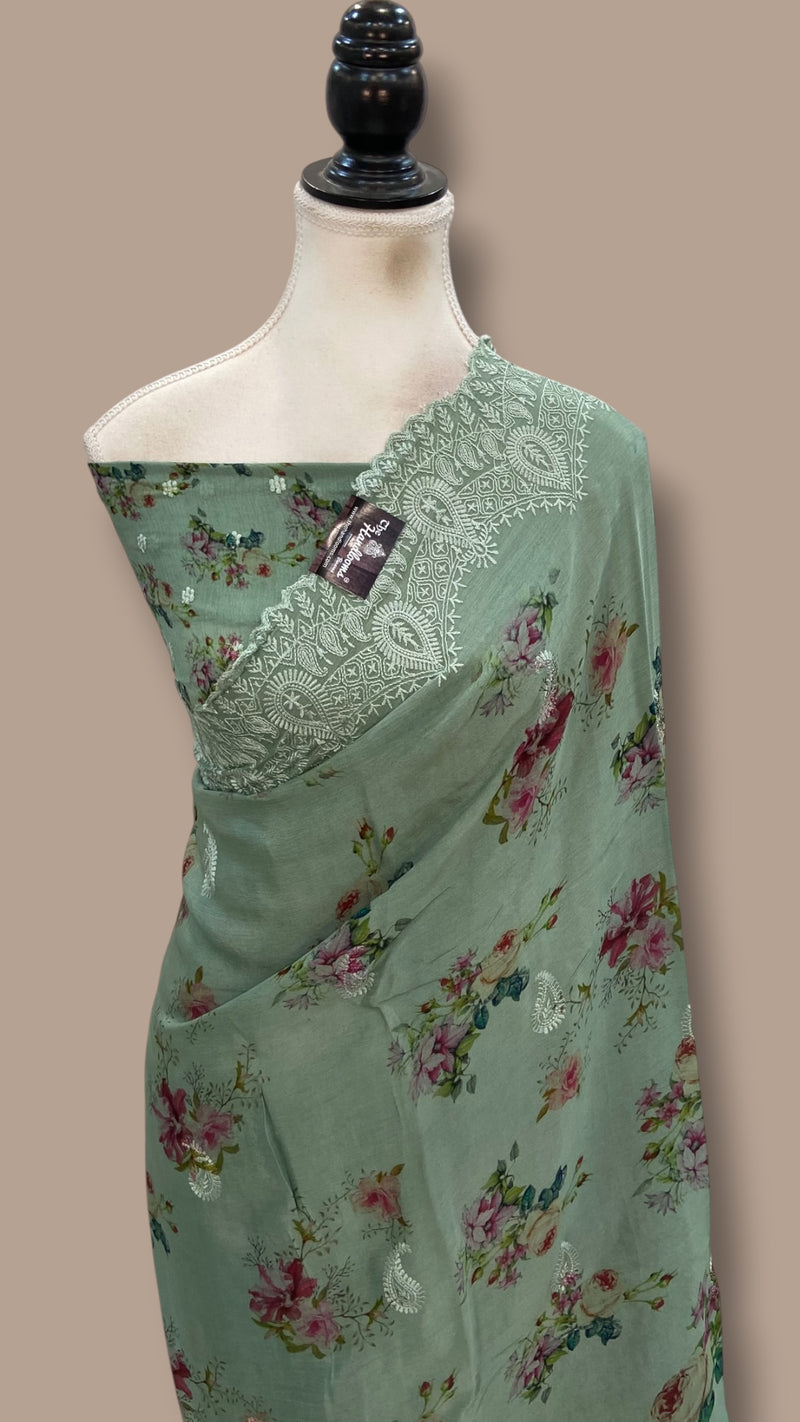 Pure Georgette Handloom Banarasi Saree - Chikankari With Digital Print