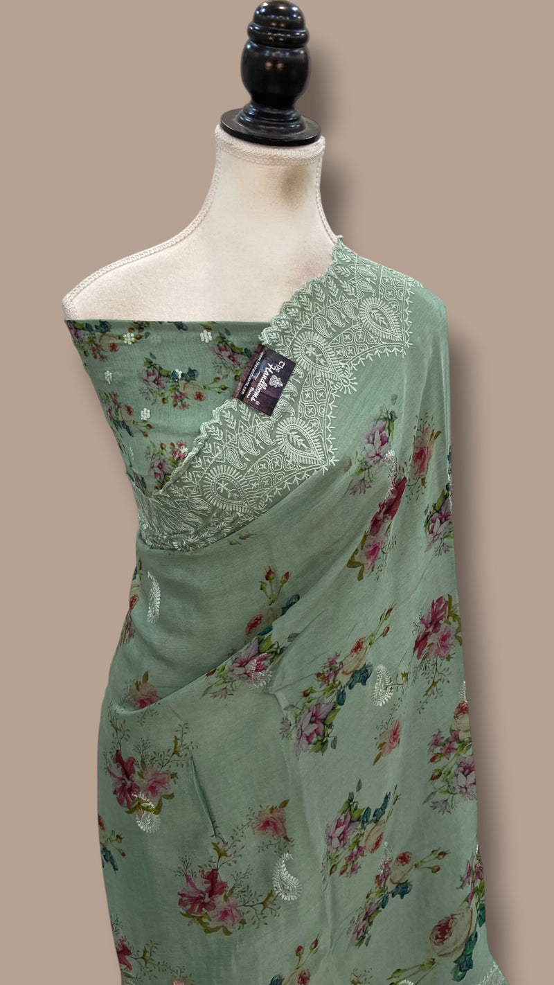 Pure Georgette Handloom Banarasi Saree - Chikankari With Digital Print