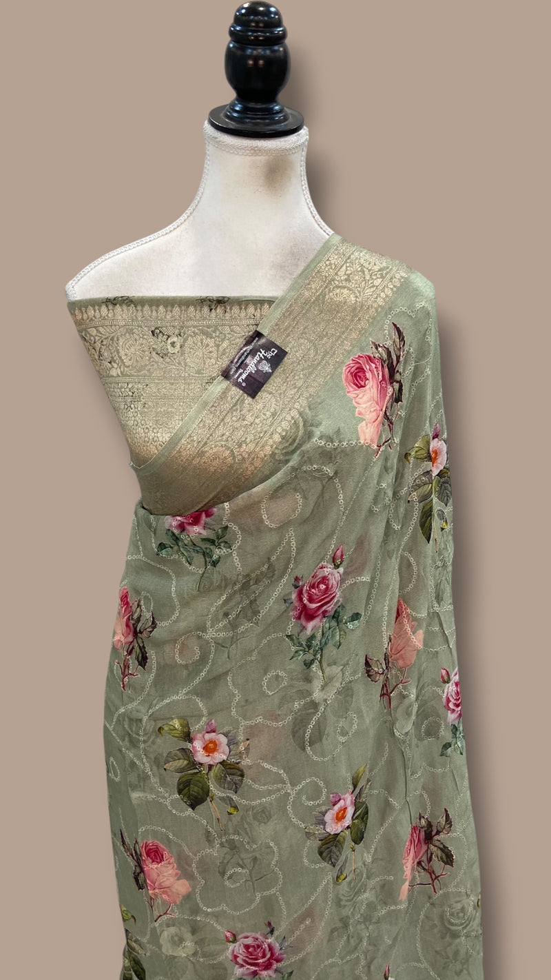 Pure Georgette Handloom Banarasi Saree - Chikankari With Digital Print