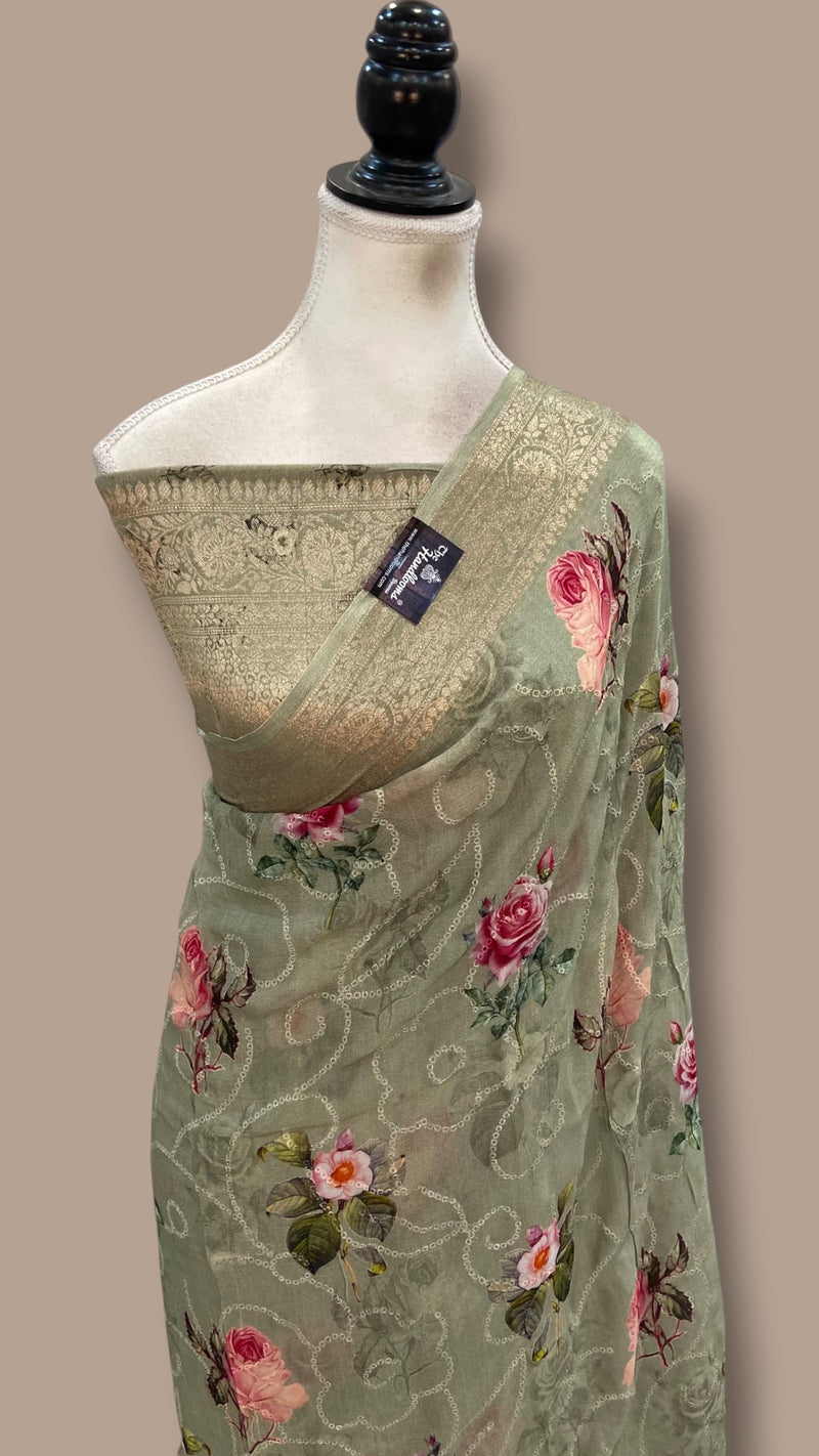 Pure Georgette Handloom Banarasi Saree - Chikankari With Digital Print