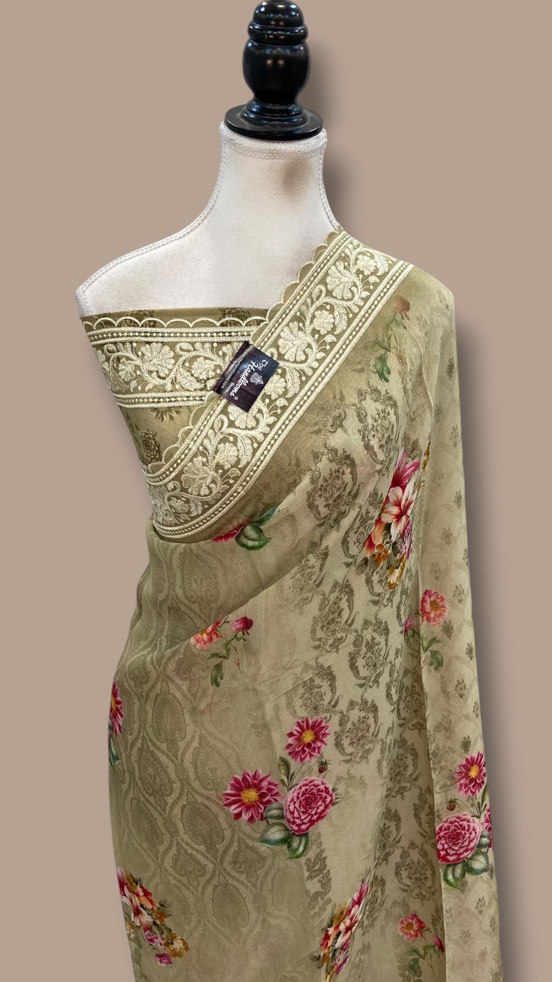 Pure Georgette Handloom Banarasi Saree - Chikankari With Digital Print