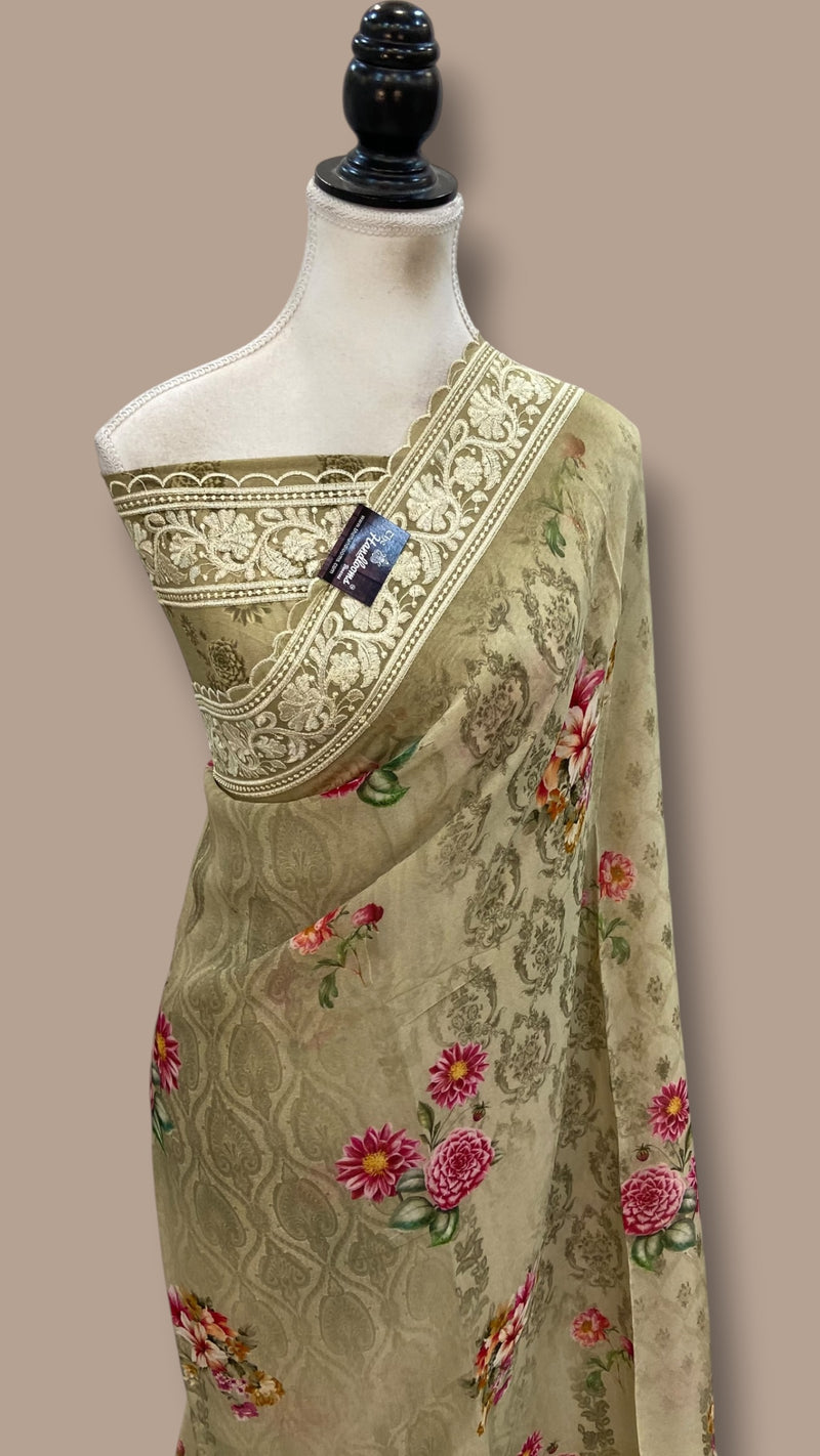 Pure Georgette Handloom Banarasi Saree - Chikankari With Digital Print