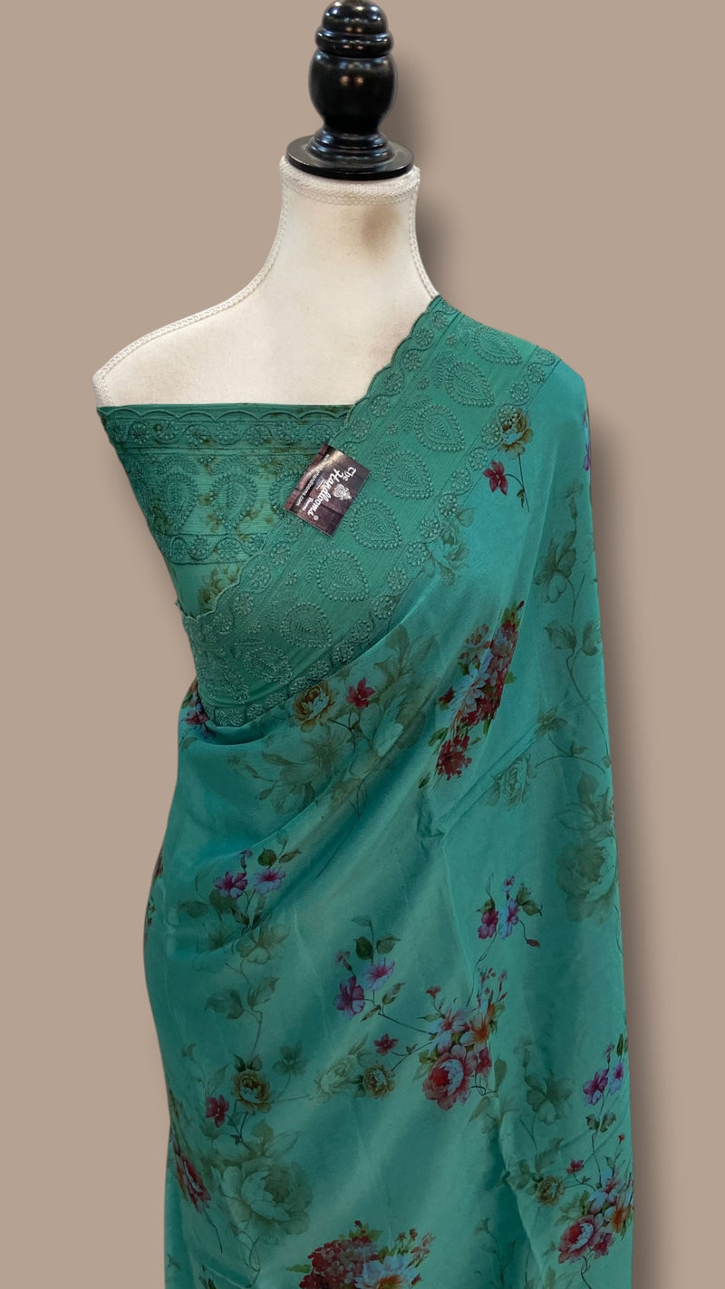 Pure Georgette Handloom Banarasi Saree - Chikankari With Digital Print