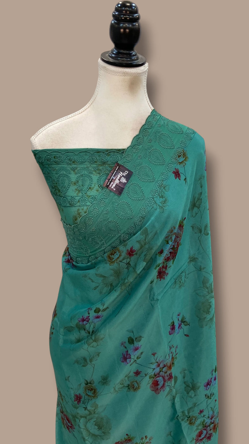 Pure Georgette Handloom Banarasi Saree - Chikankari With Digital Print