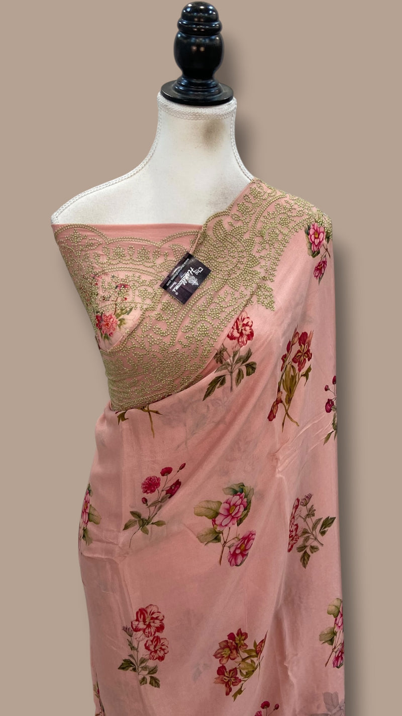 Pure Georgette Handloom Banarasi Saree - Chikankari With Digital Print