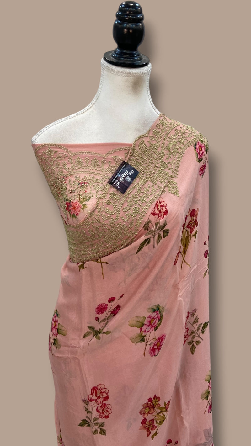 Pure Georgette Handloom Banarasi Saree - Chikankari With Digital Print