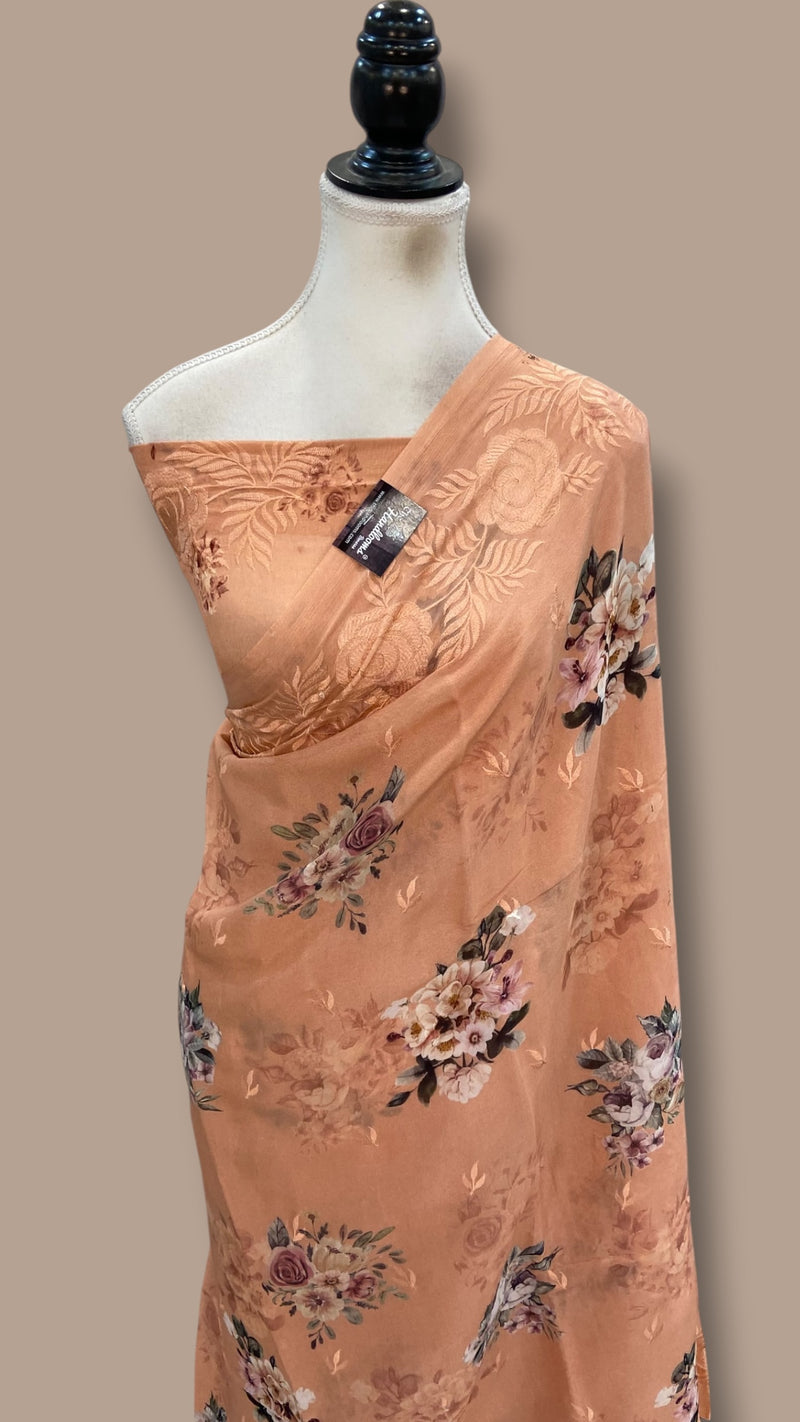 Pure Georgette Handloom Banarasi Saree - Chikankari With Digital Print