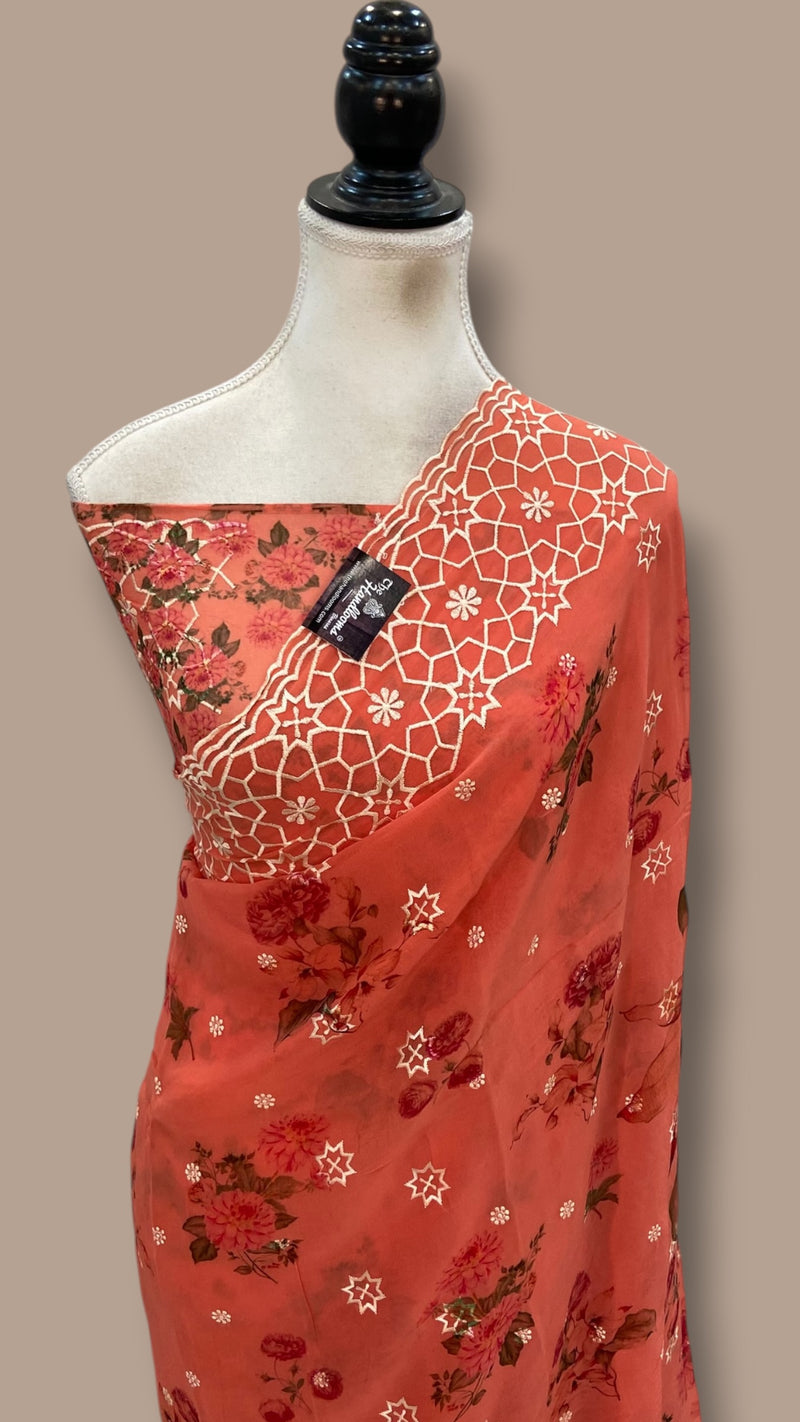 Pure Georgette Handloom Banarasi Saree - Chikankari With Digital Print
