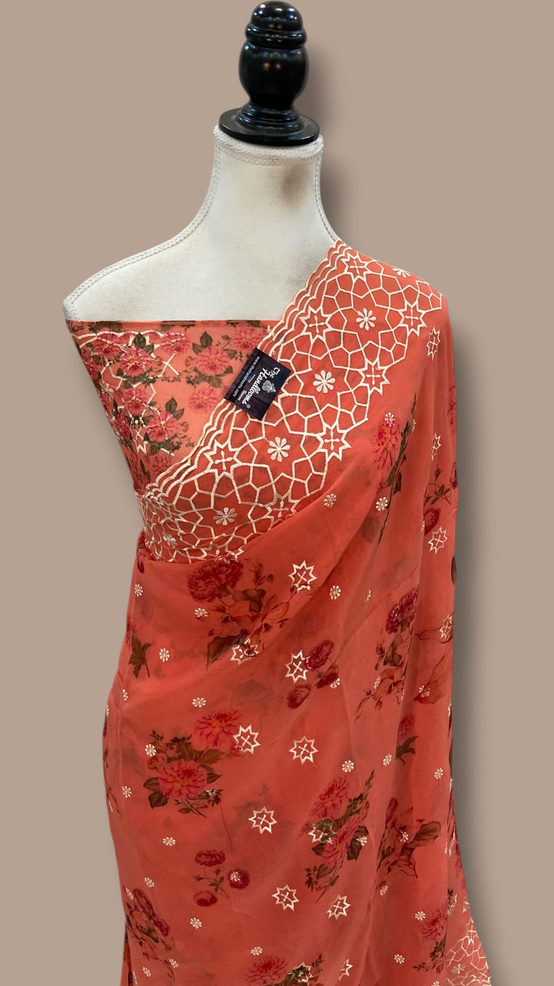 Pure Georgette Handloom Banarasi Saree - Chikankari With Digital Print