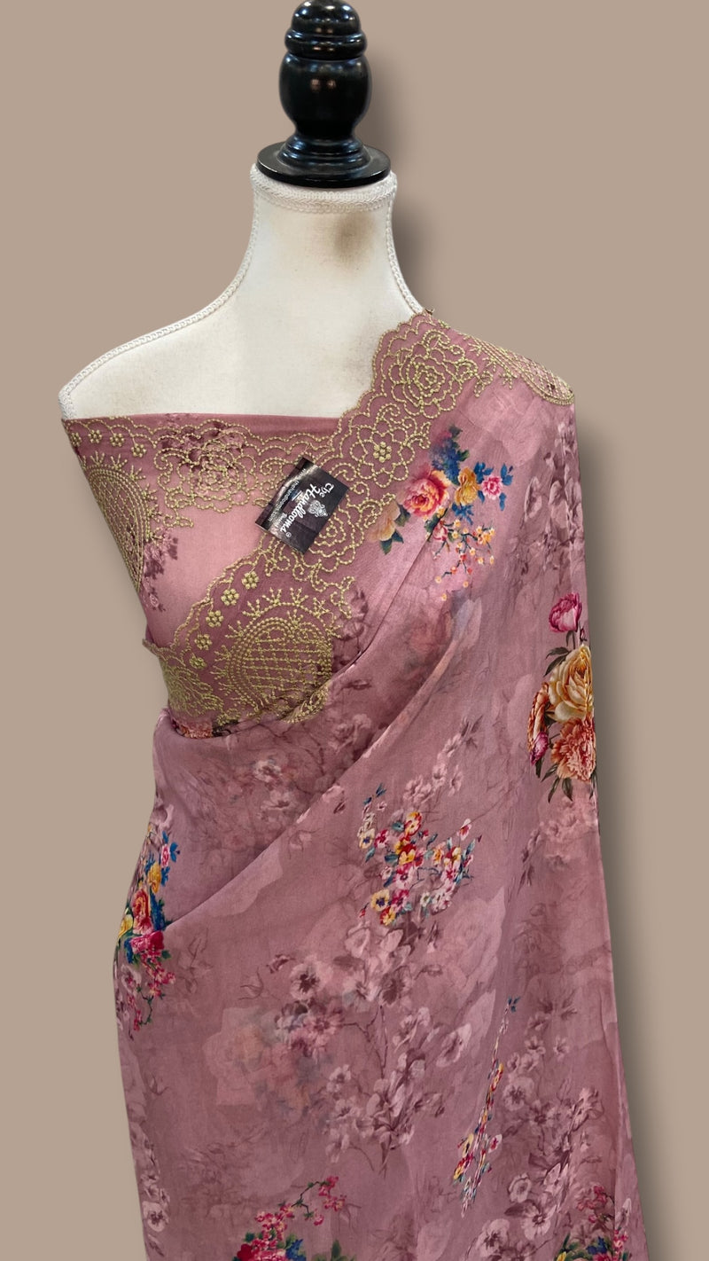 Pure Georgette Handloom Banarasi Saree - Chikankari With Digital Print