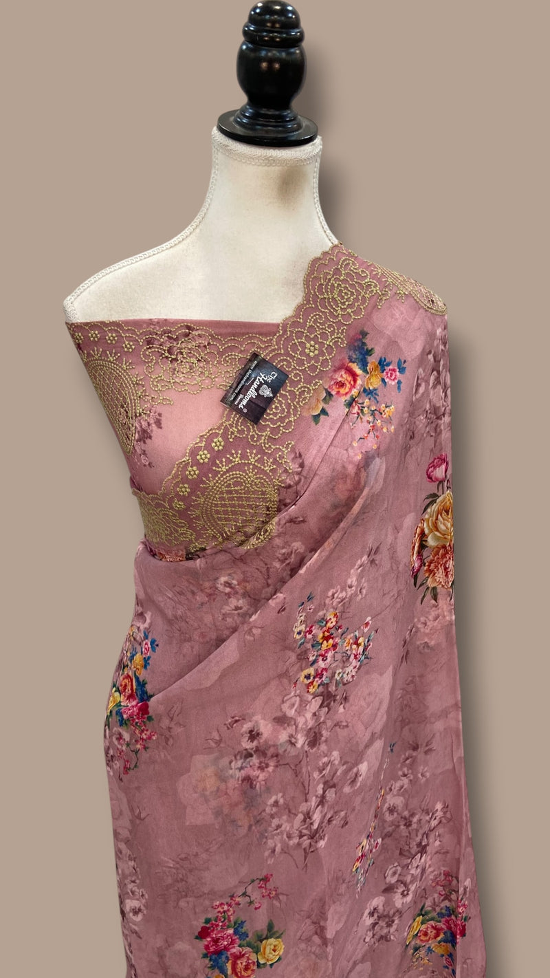 Pure Georgette Handloom Banarasi Saree - Chikankari With Digital Print