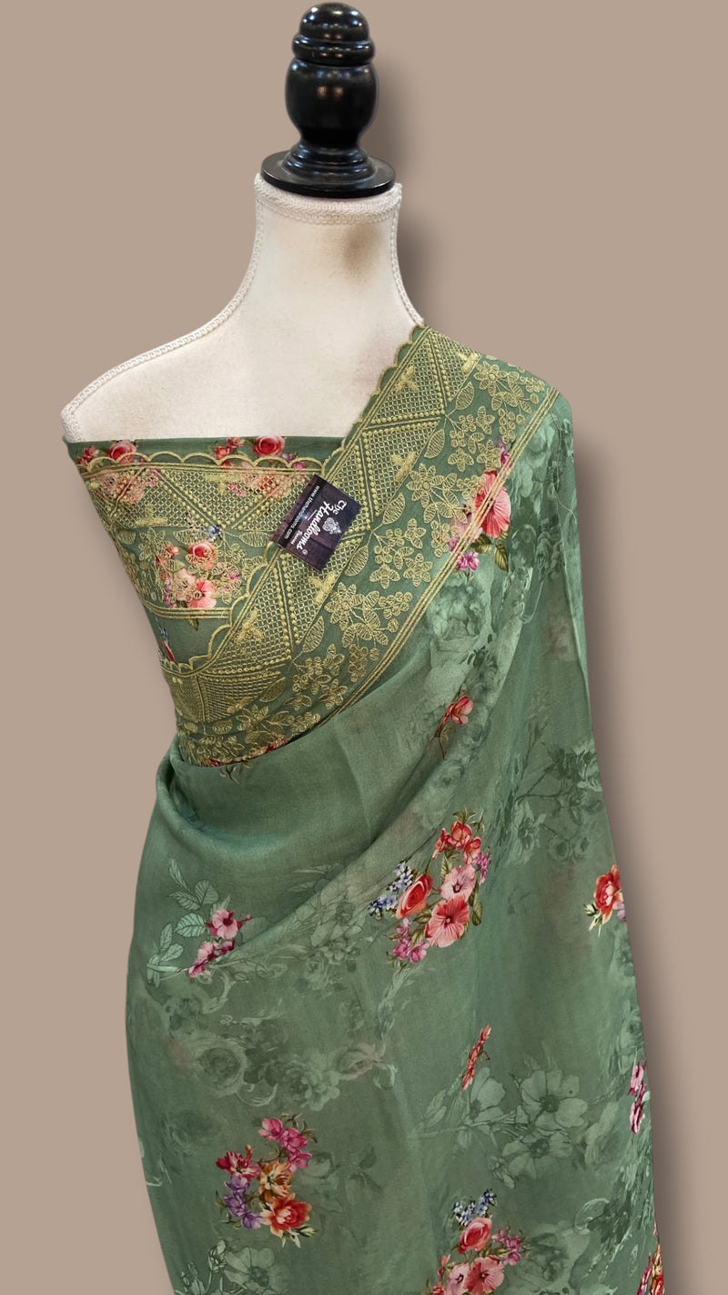 Pure Georgette Handloom Banarasi Saree - Chikankari With Digital Print
