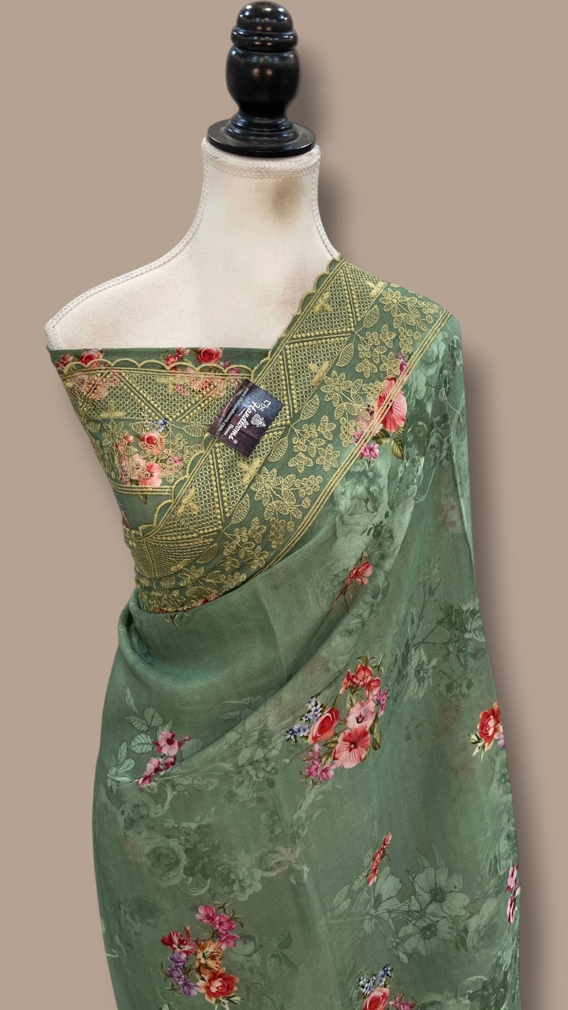 Pure Georgette Handloom Banarasi Saree - Chikankari With Digital Print