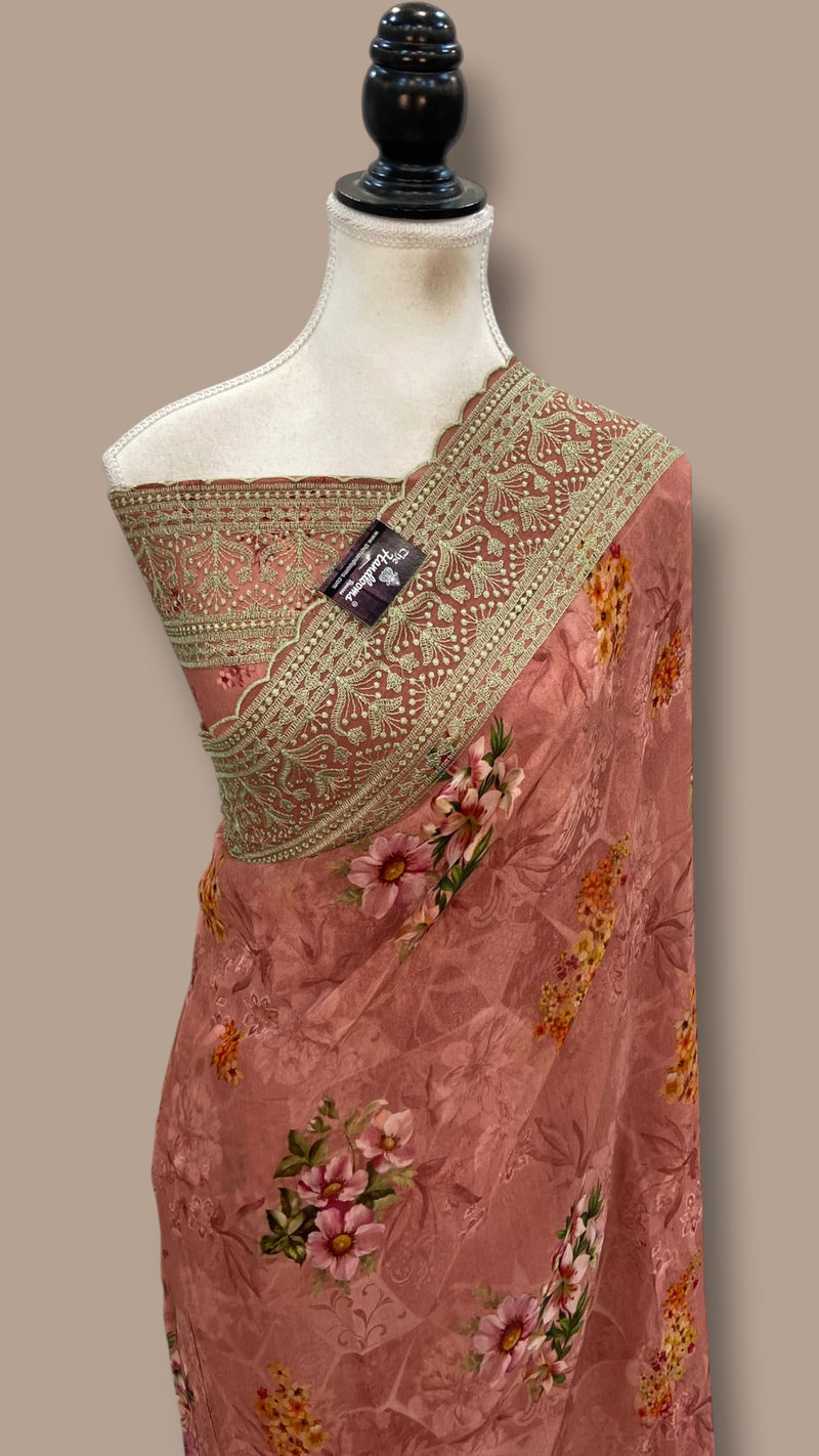 Pure Georgette Handloom Banarasi Saree - Chikankari With Digital Print