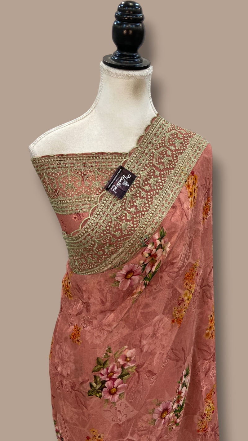 Pure Georgette Handloom Banarasi Saree - Chikankari With Digital Print
