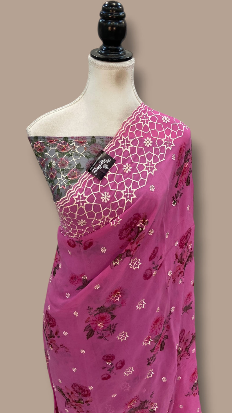 Pure Georgette Handloom Banarasi Saree - Chikankari With Digital Print