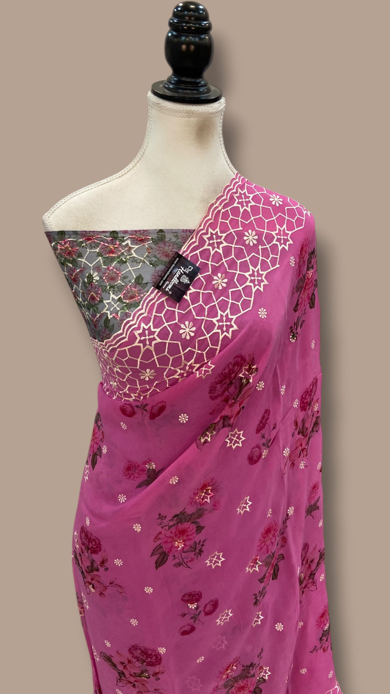 Pure Georgette Handloom Banarasi Saree - Chikankari With Digital Print