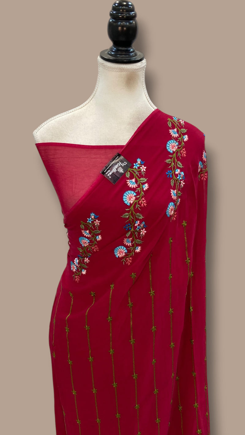 Pure Georgette Chikankari Handloom Banarasi Saree