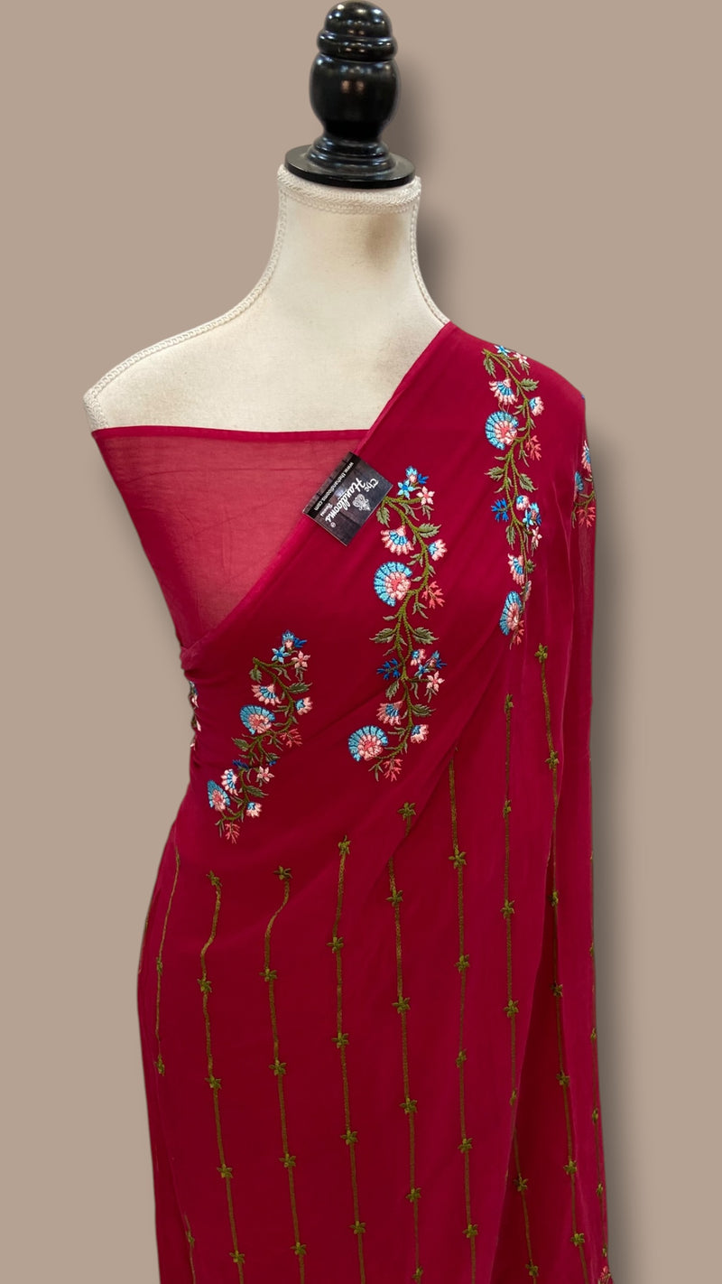 Pure Georgette Chikankari Handloom Banarasi Saree