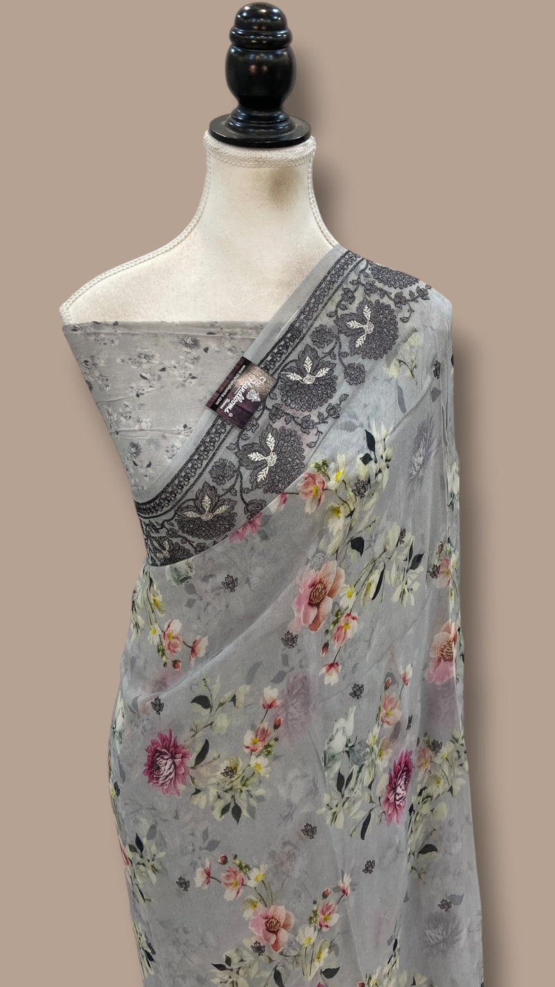 Pure Georgette Handloom Banarasi Saree - Chikankari With Digital Print