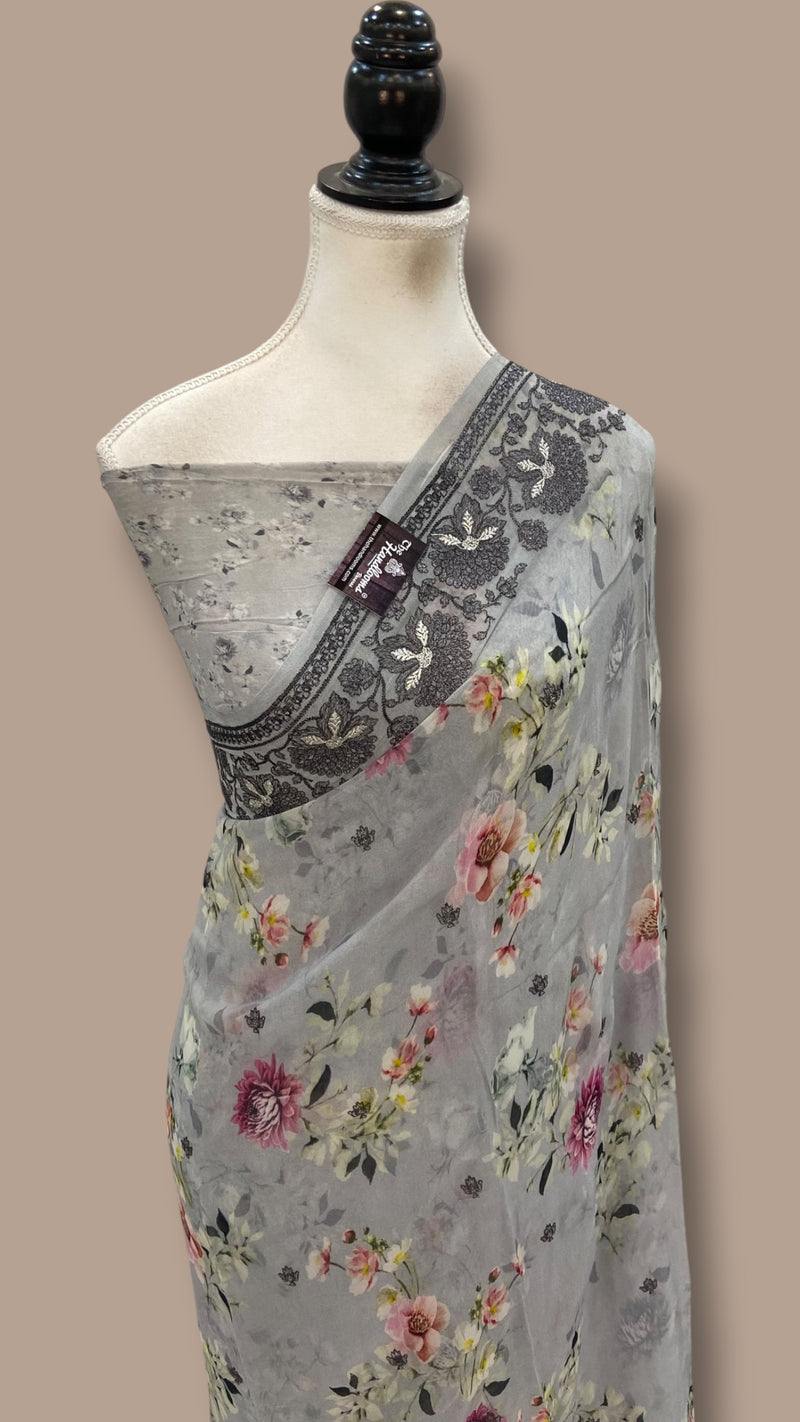Pure Georgette Handloom Banarasi Saree - Chikankari With Digital Print