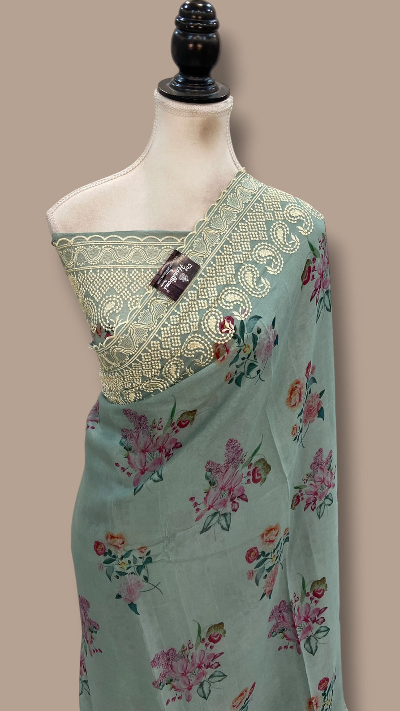 Pure Georgette Handloom Banarasi Saree - Chikankari With Digital Print