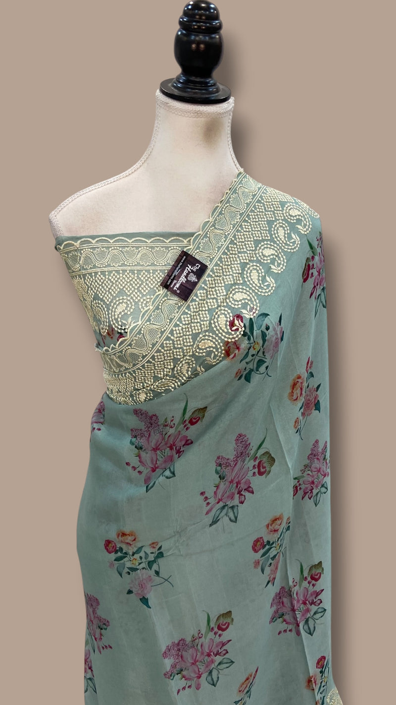 Pure Georgette Handloom Banarasi Saree - Chikankari With Digital Print