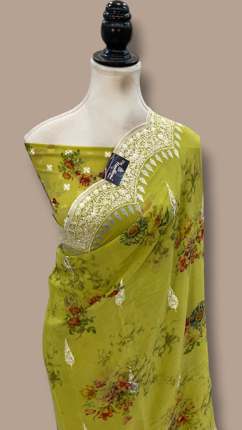 Pure Georgette Handloom Banarasi Saree - Chikankari With Digital Print