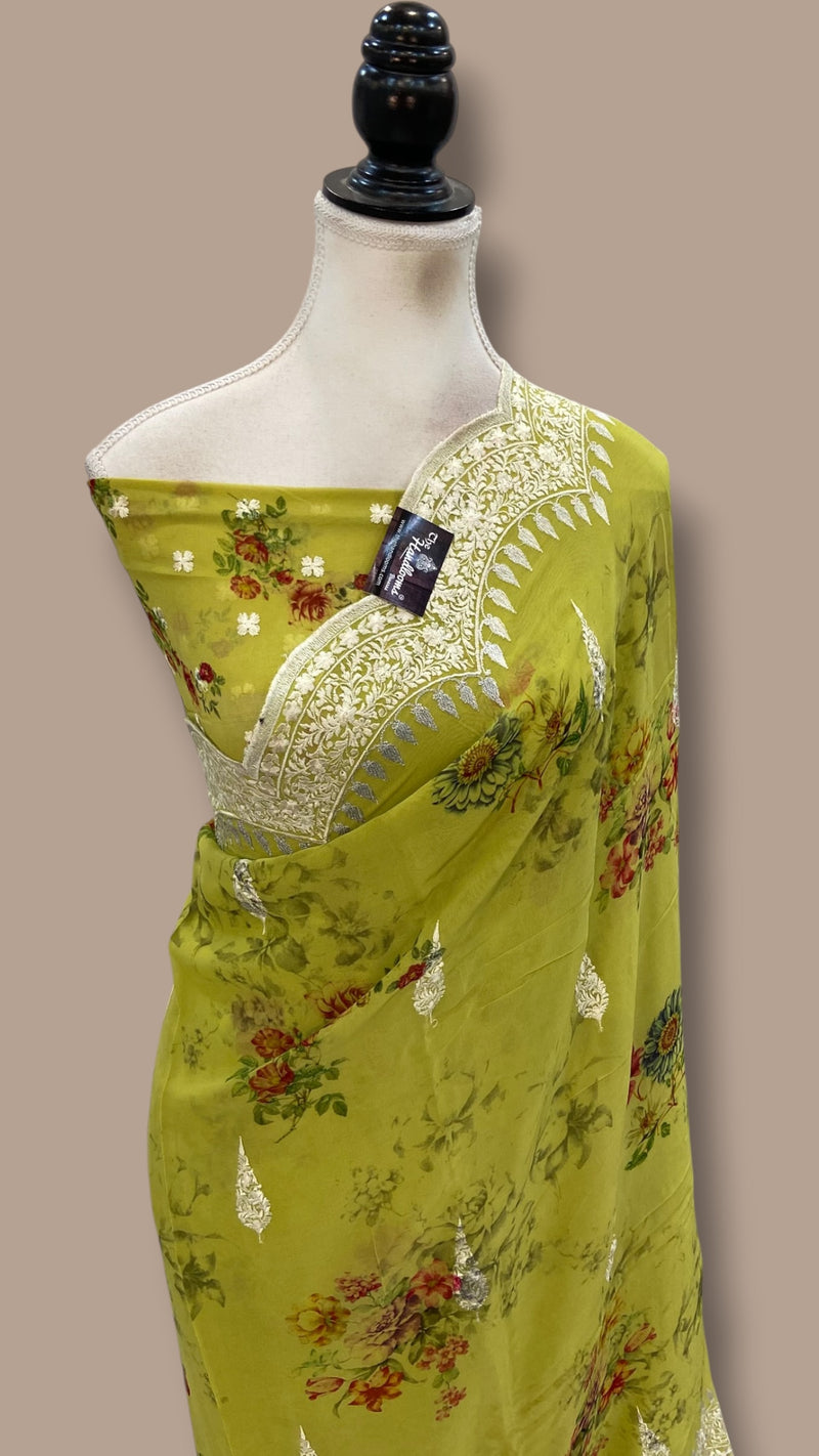 Pure Georgette Handloom Banarasi Saree - Chikankari With Digital Print