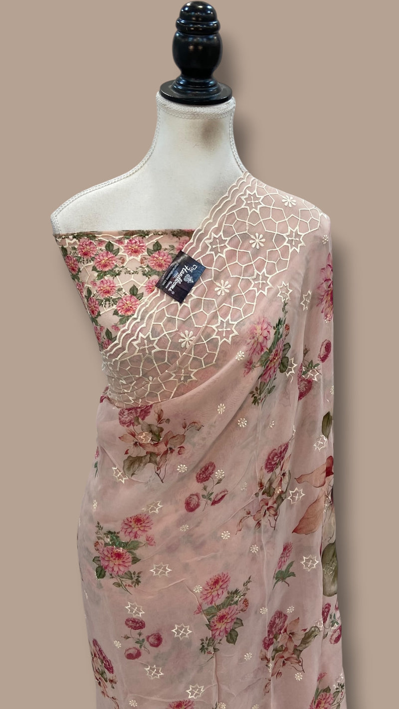 Pure Georgette Handloom Banarasi Saree - Chikankari With Digital Print