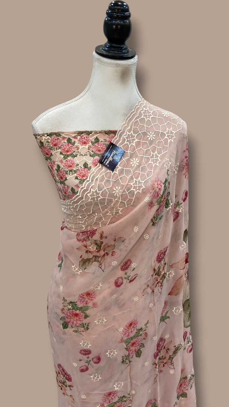 Pure Georgette Handloom Banarasi Saree - Chikankari With Digital Print