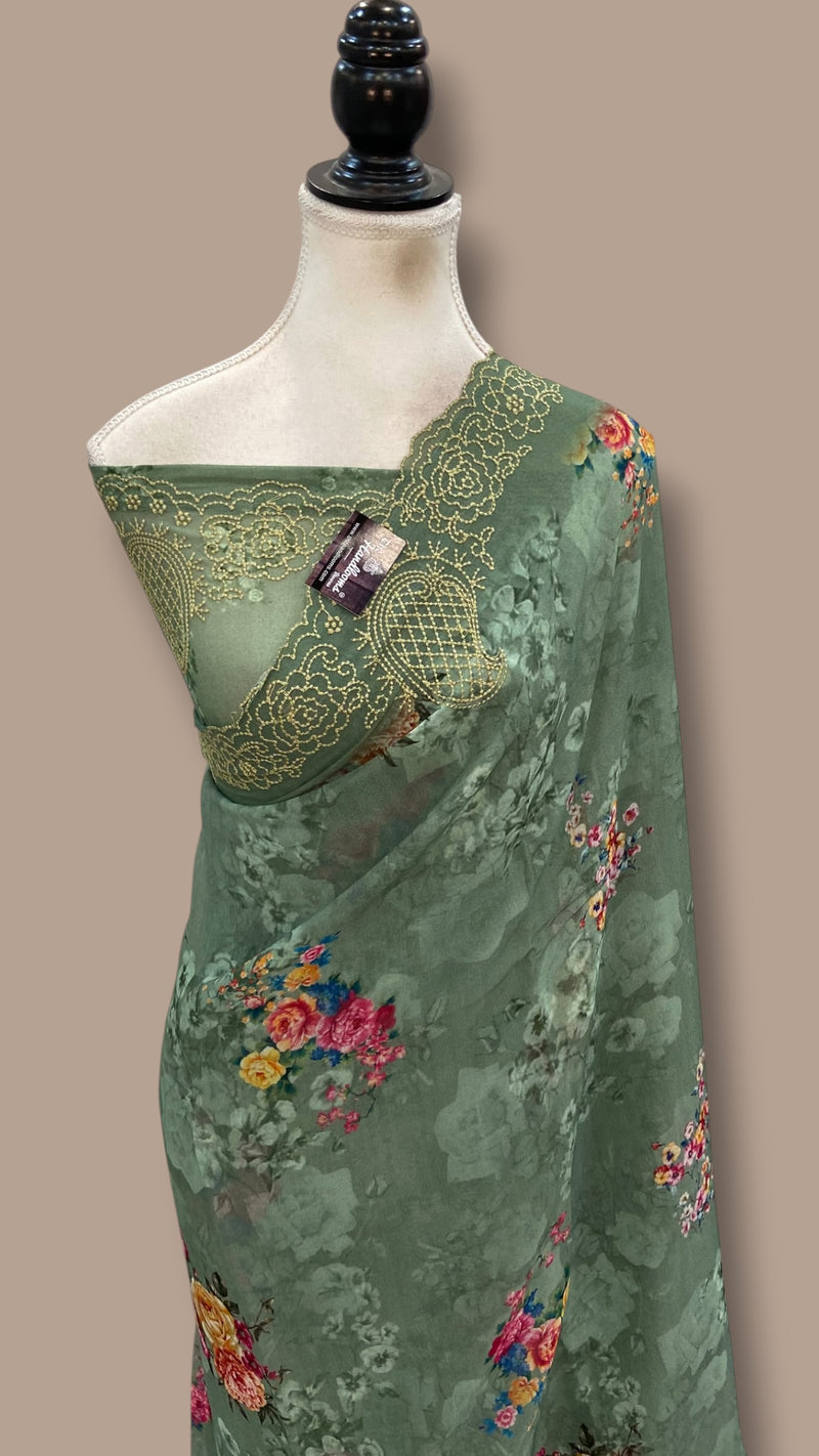 Pure Georgette Handloom Banarasi Saree - Chikankari With Digital Print
