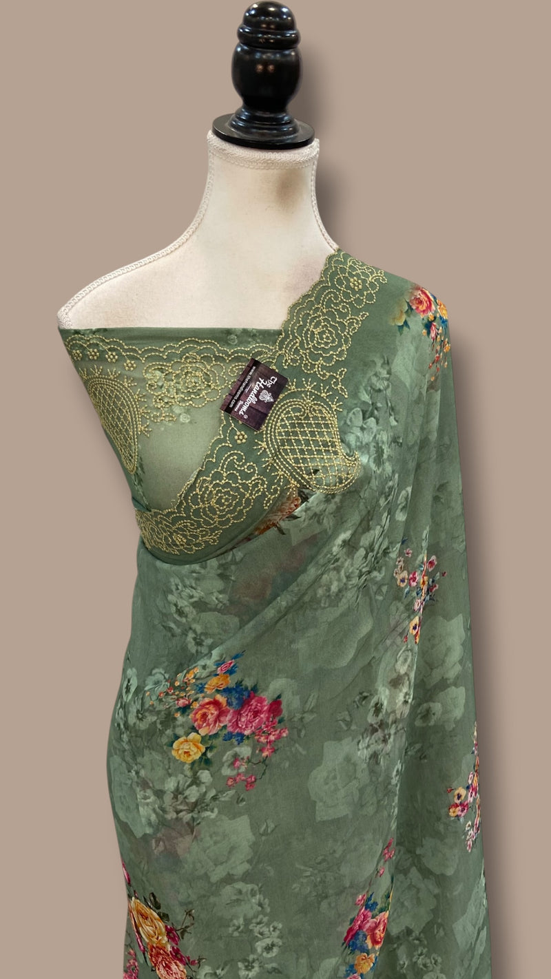 Pure Georgette Handloom Banarasi Saree - Chikankari With Digital Print