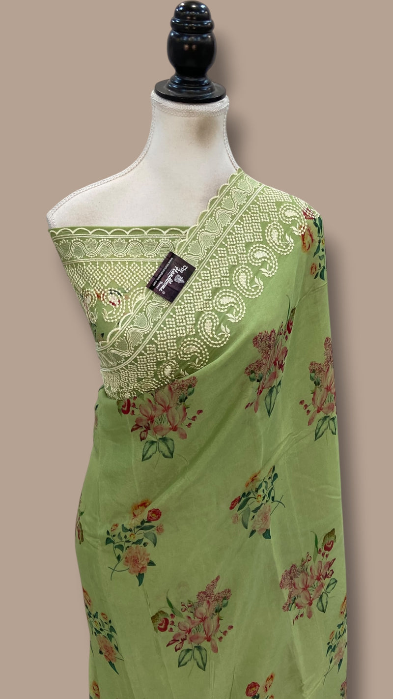 Pure Georgette Handloom Banarasi Saree - Chikankari With Digital Print