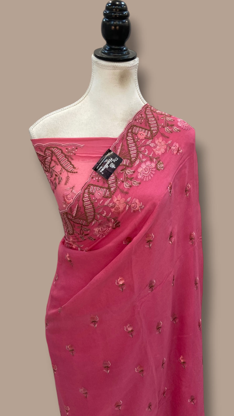 Pure Georgette Chikankari Handloom Banarasi Saree