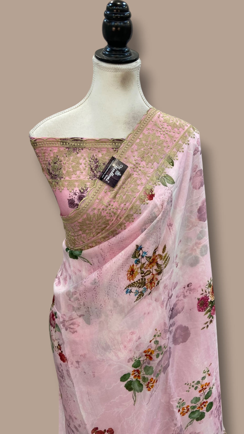 Pure Georgette Handloom Banarasi Saree - Chikankari With Digital Print