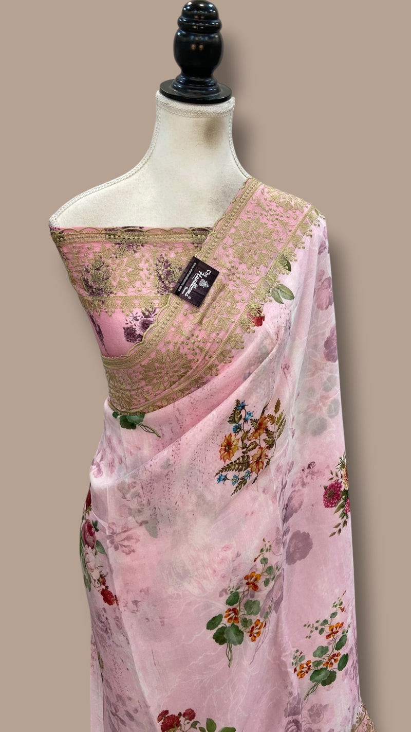Pure Georgette Handloom Banarasi Saree - Chikankari With Digital Print