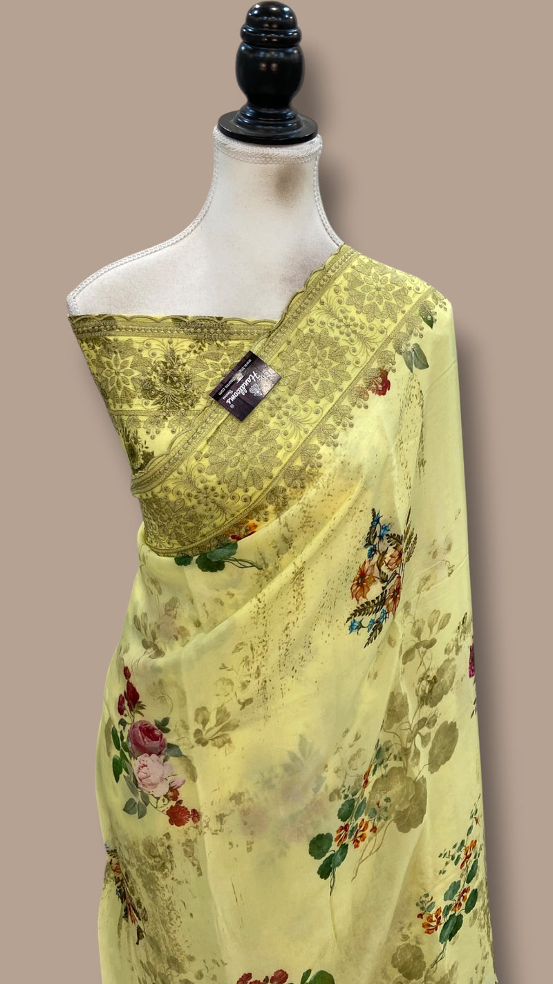 Pure Georgette Handloom Banarasi Saree - Chikankari With Digital Print