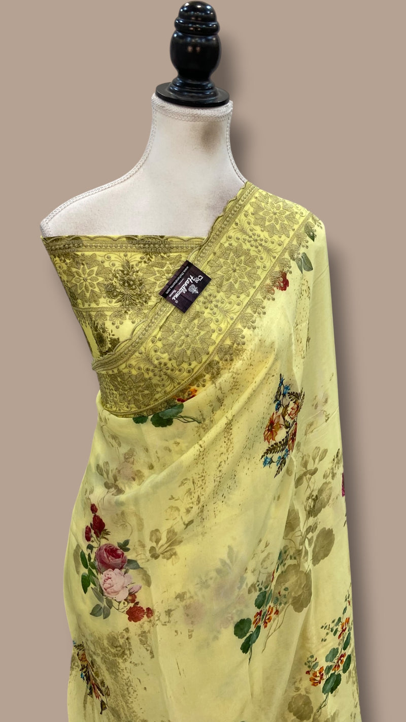 Pure Georgette Handloom Banarasi Saree - Chikankari With Digital Print