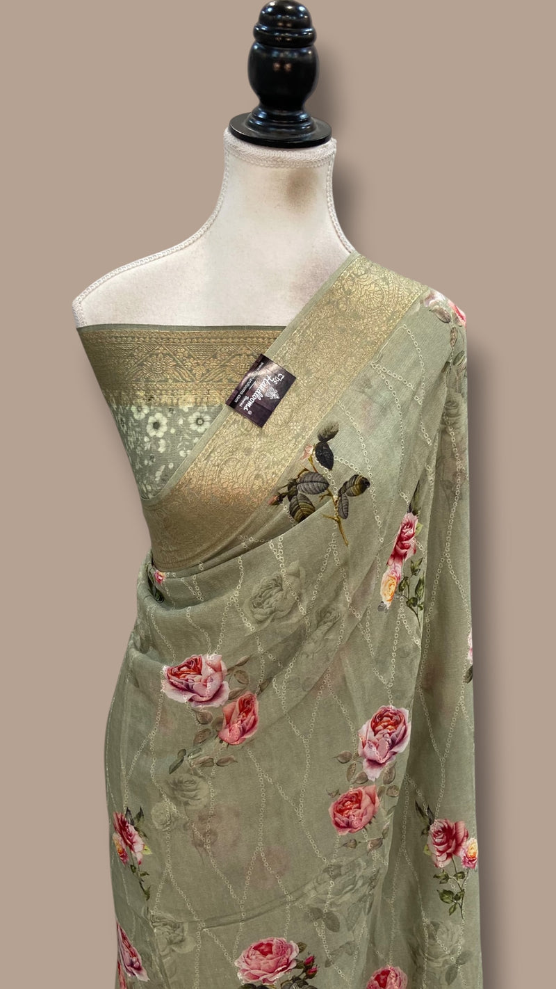 Pure Georgette Handloom Banarasi Saree - Chikankari With Digital Print