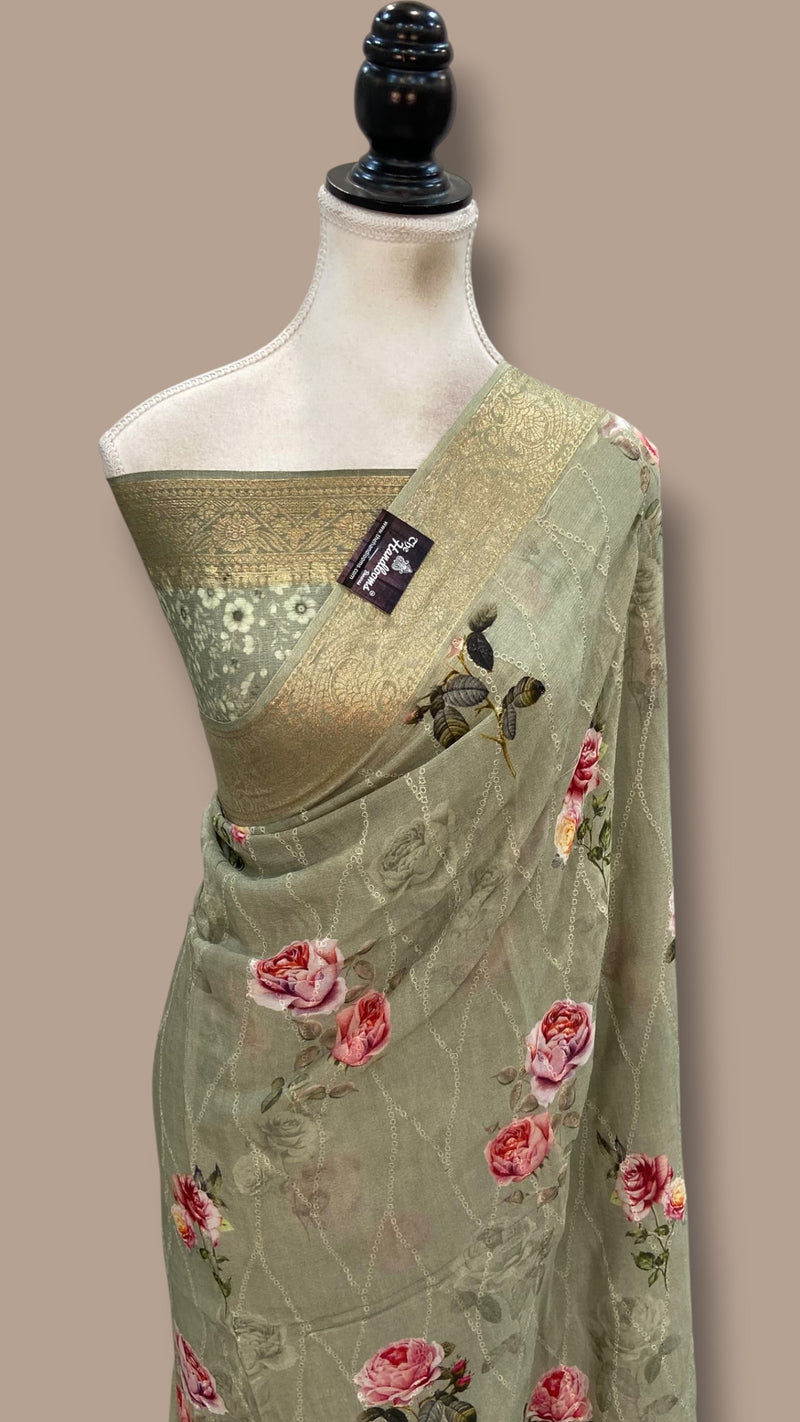 Pure Georgette Handloom Banarasi Saree - Chikankari With Digital Print