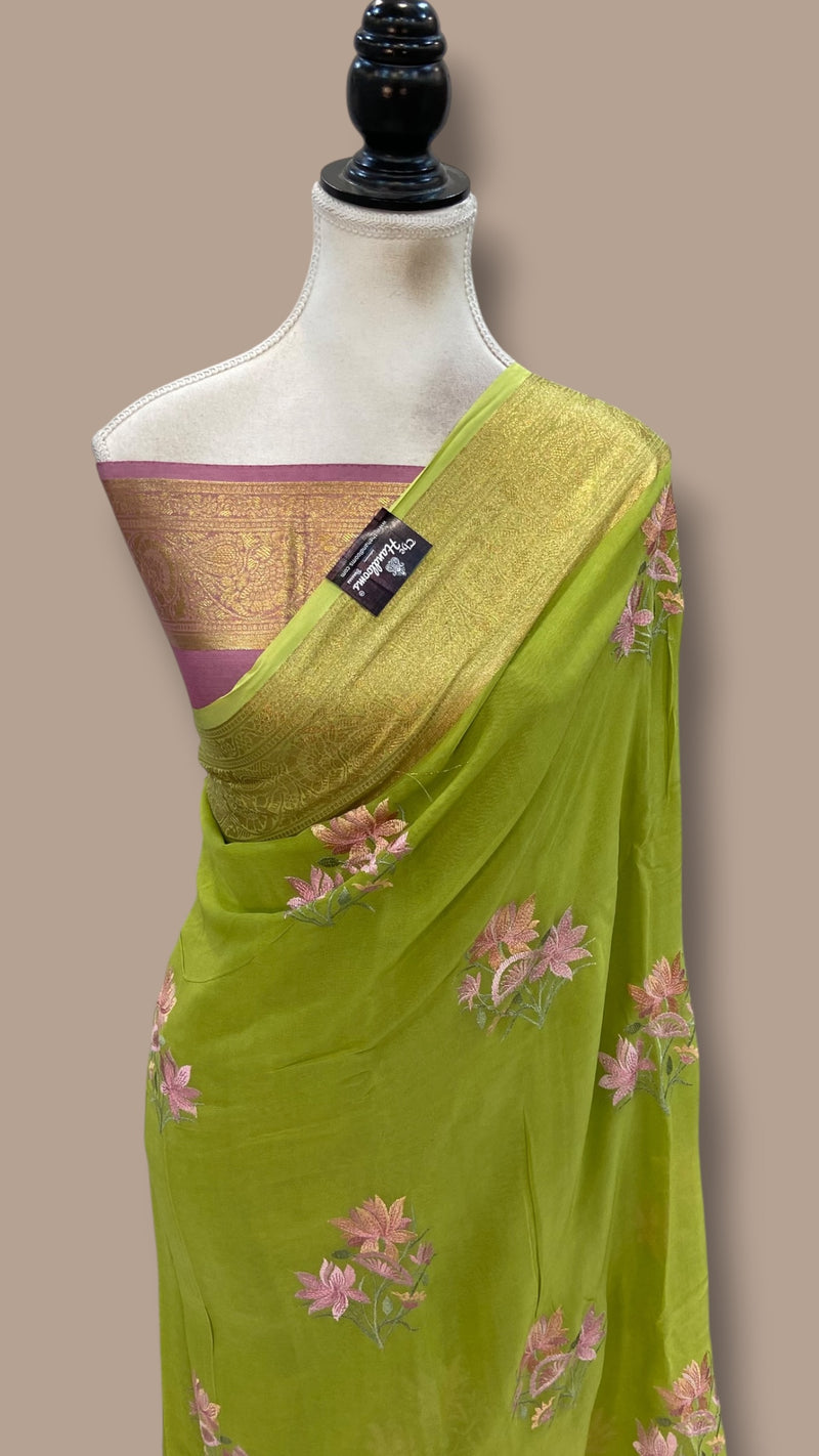 Pure Georgette Chikankari Handloom Banarasi Saree