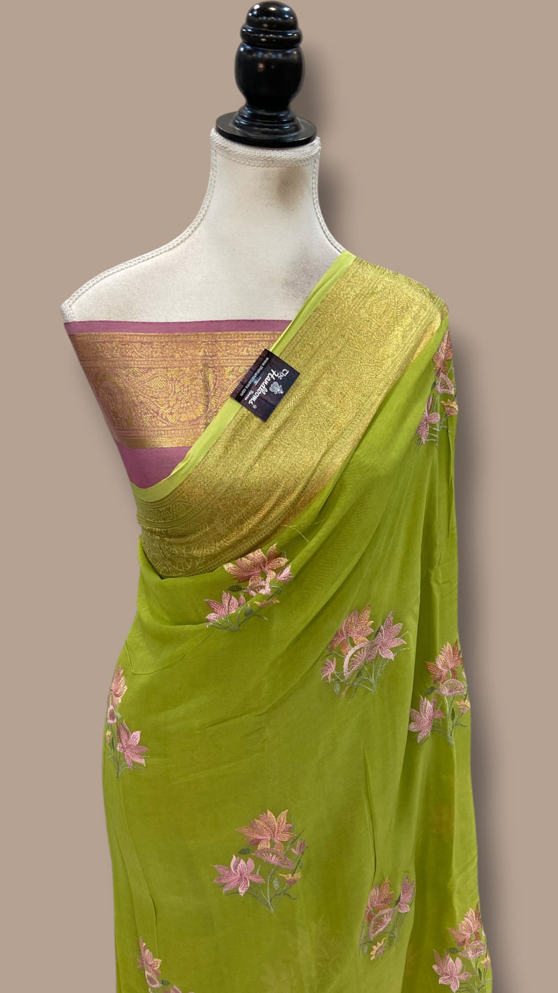 Pure Georgette Chikankari Handloom Banarasi Saree