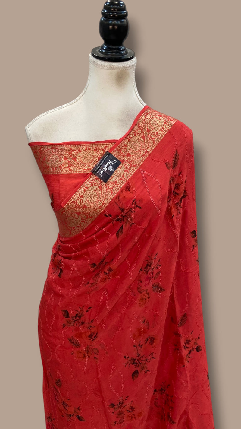 Pure Georgette Handloom Banarasi Saree - Chikankari With Digital Print