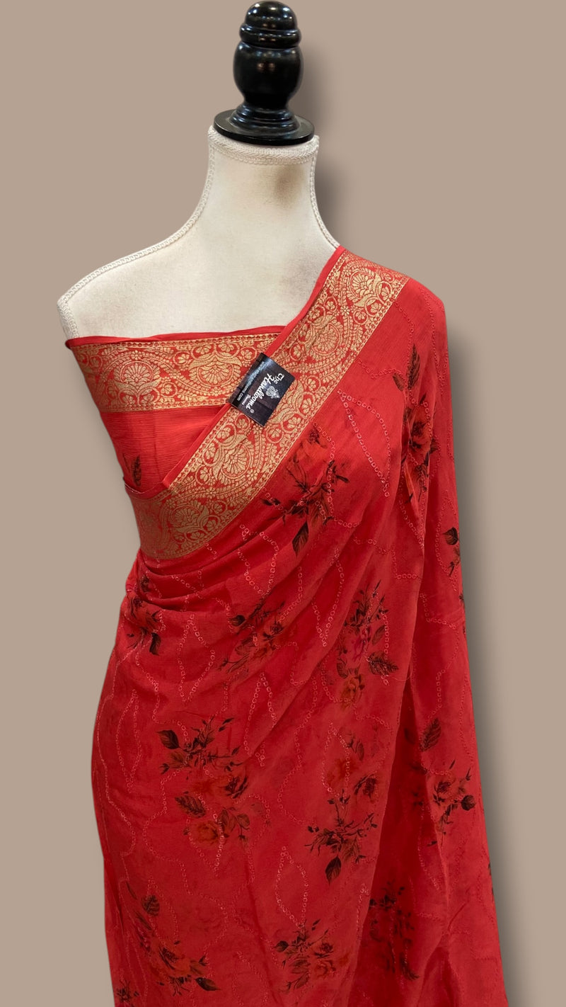 Pure Georgette Handloom Banarasi Saree - Chikankari With Digital Print